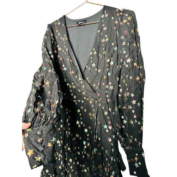 YUMI KIM Black Chiffon Metallic Star Print Blouson Sleeves Scarlett Star Dress 8 - Picture 10 of 15